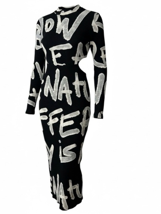 Desigual Dresses & Skirts - Desigual Manifesto Maya Dress Black & White Graffiti-Print Long Sleeve Bodycon